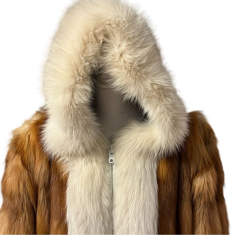 Red Fox Fur Parka Jacket White Fox Trim Size M Genuine Fur Womens Full Zip - Picture 2 of 9